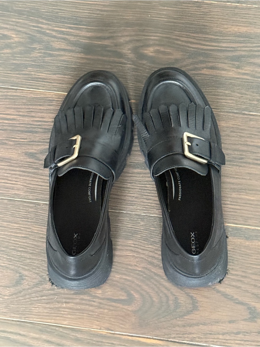 Geox Black Leather Kiltie Buckle Loafers